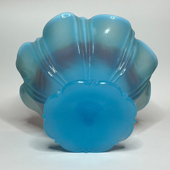 Turquoise/Blue Footed Glass Shallow Ruffled Edge Vintage Bowl - Picture 8 of 10